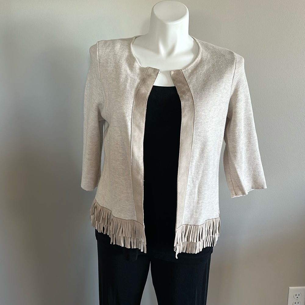 Chicos short jacket with suede trim and fringe